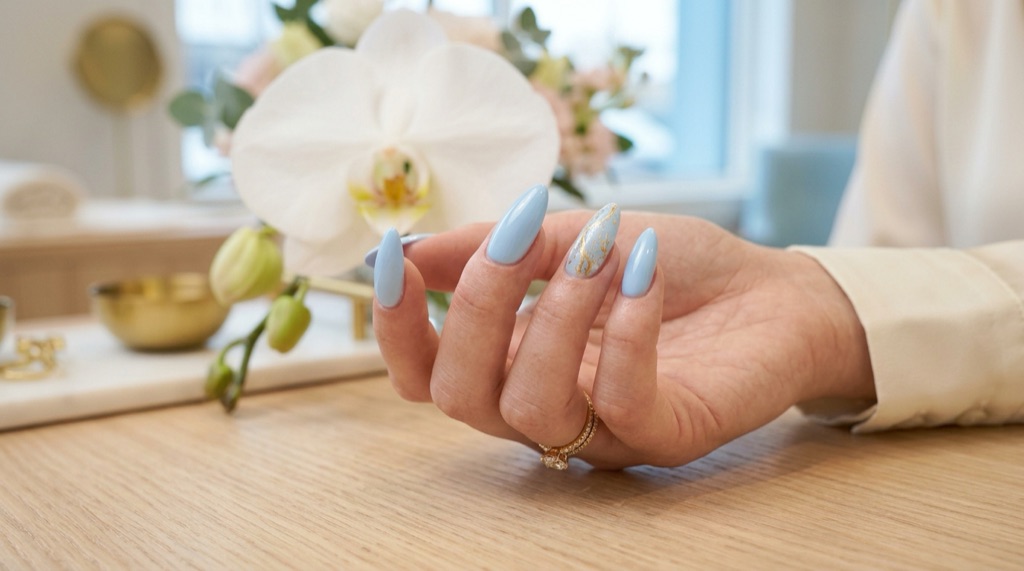 Light blue almond manicure with a gold-veined accent nail