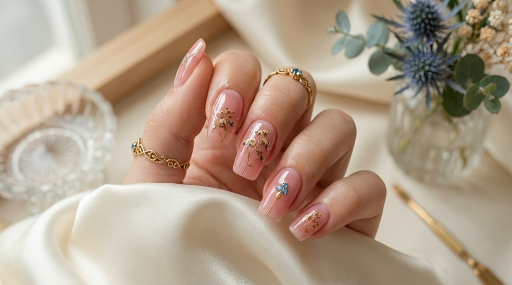 Sheer pink nails with gold dried-flower art and blue gem accents