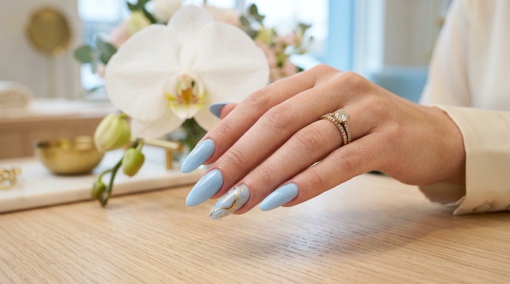 Sky blue almond nails with a gold marble accent nail